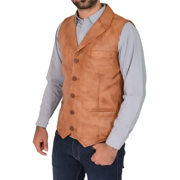 Men Leather Buttoned Waistcoat Gilet Calvin Tan