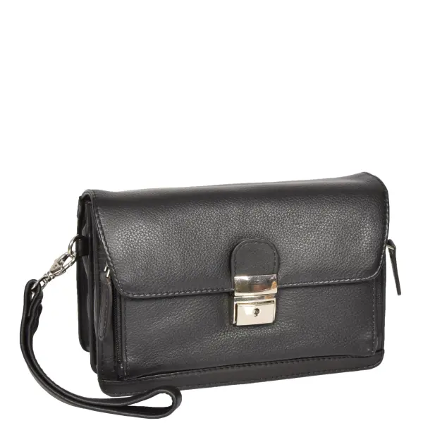 Lockable Leather Wrist Bag Black