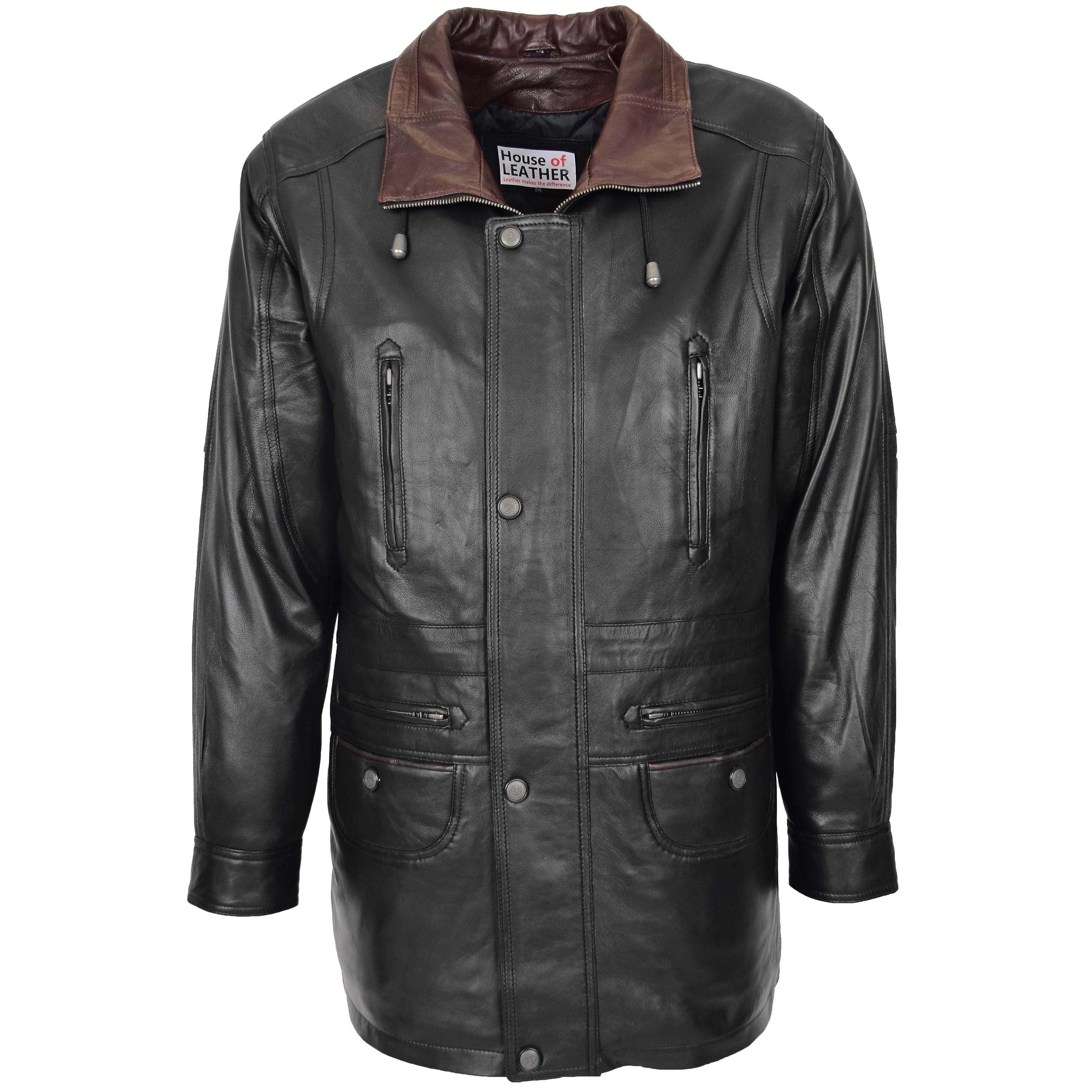 Mens Leather Winter Car Coat Hip Length Black