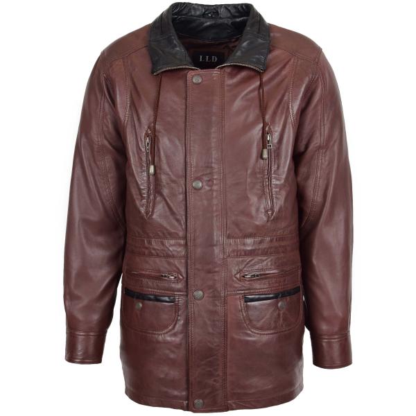 Mens Leather Winter Car Coat Hip Brown