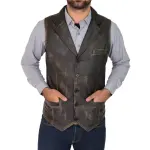 Men Leather Buttoned Waistcoat Gilet Calvin Rub Off