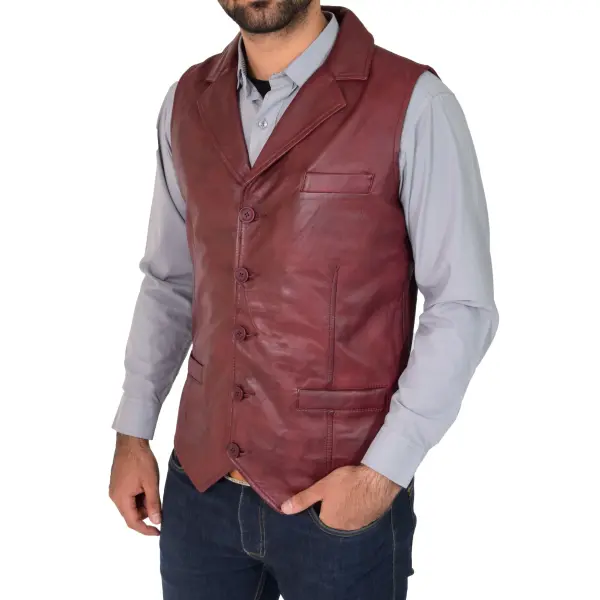 Men Leather Buttoned Waistcoat Gilet Calvin Burgundy