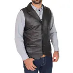 Men Leather Buttoned Waistcoat Gilet Calvin Black