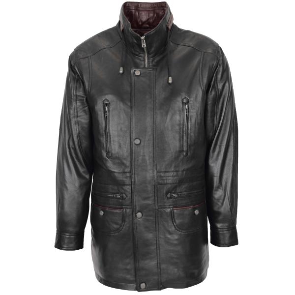 Mens Leather Winter Car Coat Hip Length Black