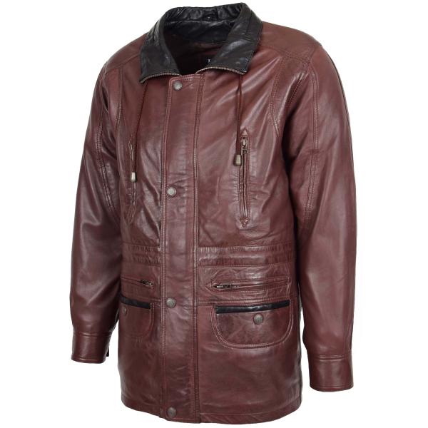 Mens Leather Winter Car Coat Hip Brown