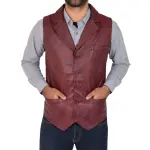 Men Leather Buttoned Waistcoat Gilet Calvin Burgundy