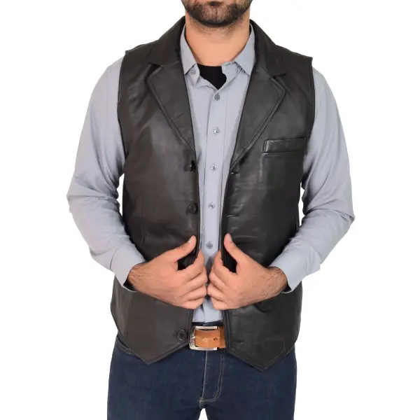 Men Leather Buttoned Waistcoat Gilet Calvin Black