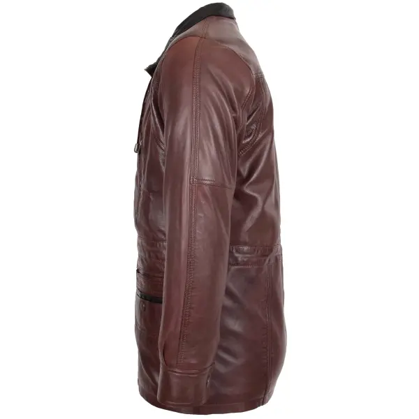 Mens Leather Winter Car Coat Hip Brown