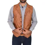 Men Leather Buttoned Waistcoat Gilet Calvin Tan