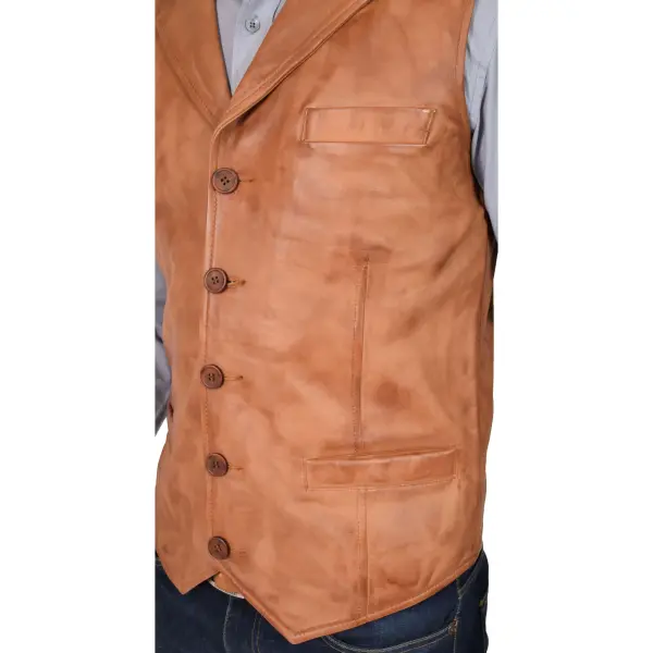 Men Leather Buttoned Waistcoat Gilet Calvin Tan