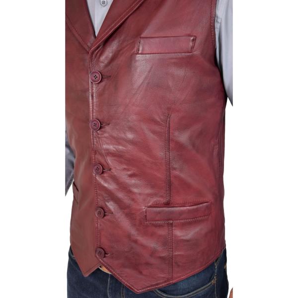 Men Leather Buttoned Waistcoat Gilet Calvin Burgundy