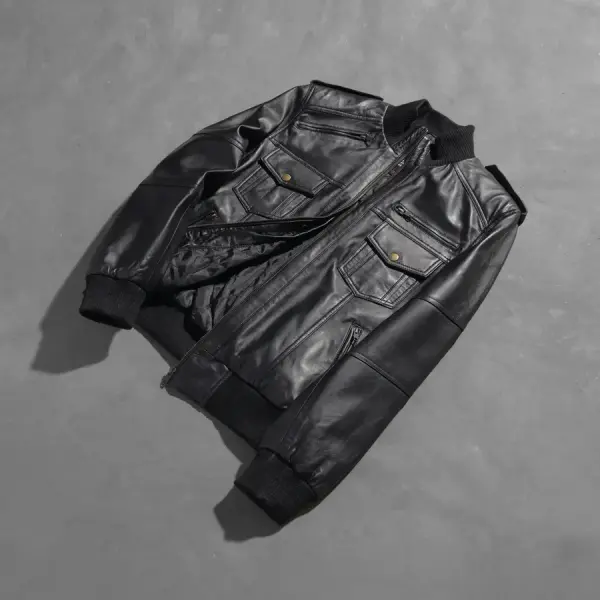 Agent Shadow Black Leather Bomber Jacket