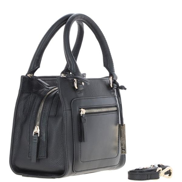 Three Section Leather Tote Shoulder Bag Black