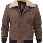 Men's Brown Suede Bomber Aviator Jacket with Removeable Shearling Collar