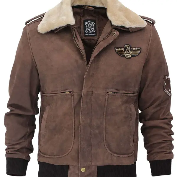 Men's Brown Suede Bomber Aviator Jacket with Removeable Shearling Collar