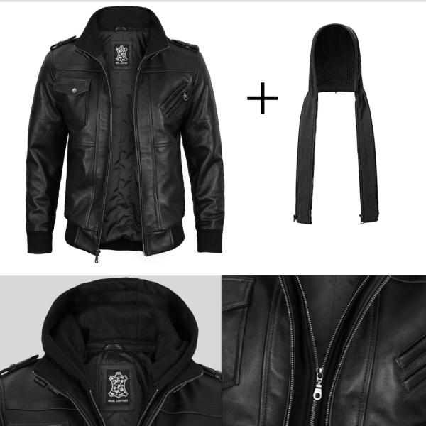 Bravado Black Hooded Leather Bomber Jacket