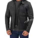 Black Cafe Racer Leather Jacket with Hood