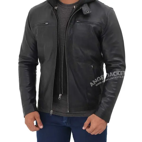 Black Cafe Racer Leather Jacket with Hood