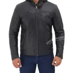 Black Cafe Racer Leather Jacket with Hood