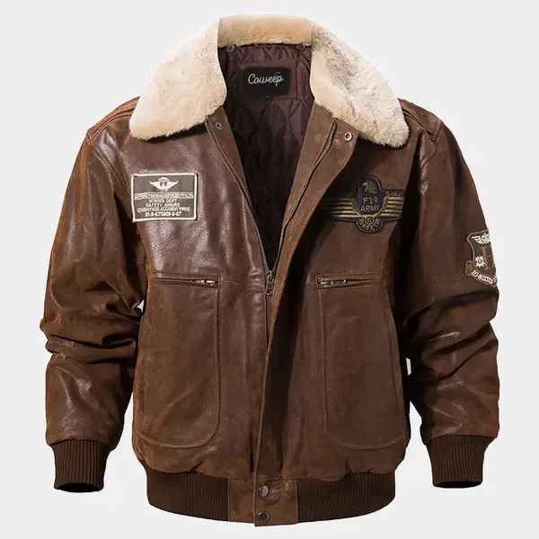 Men's Brown Bomber Aviator Jacket with Removeable Shearling Collar