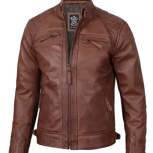 Cognac Brown Quilted Cafe Racer Leather Jacket