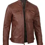 Cognac Brown Quilted Cafe Racer Leather Jacket