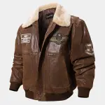 Men's Brown Bomber Aviator Jacket with Removeable Shearling Collar