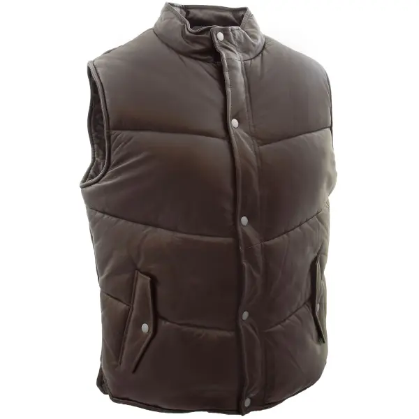 Men Leather Puffer Waistcoat Body Warmer Leon Brown