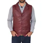 Men Leather Buttoned Waistcoat Gilet Calvin Burgundy