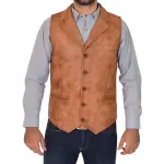 Men Leather Buttoned Waistcoat Gilet Calvin Tan