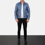 Lavendard Blue Leather Biker Jacket