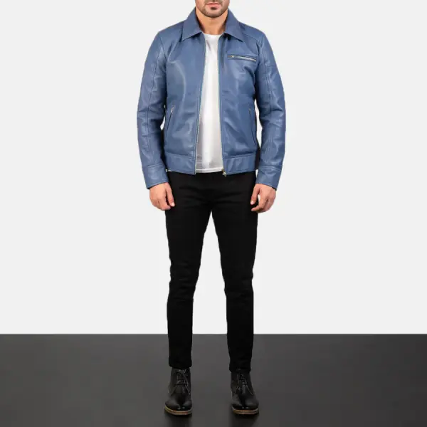 Lavendard Blue Leather Biker Jacket