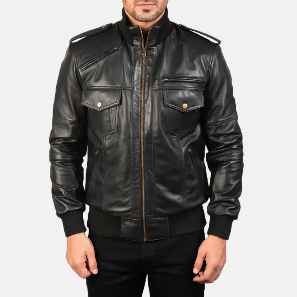 Agent Shadow Black Leather Bomber Jacket