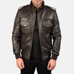 Agent Shadow Brown Leather Bomber Jacket