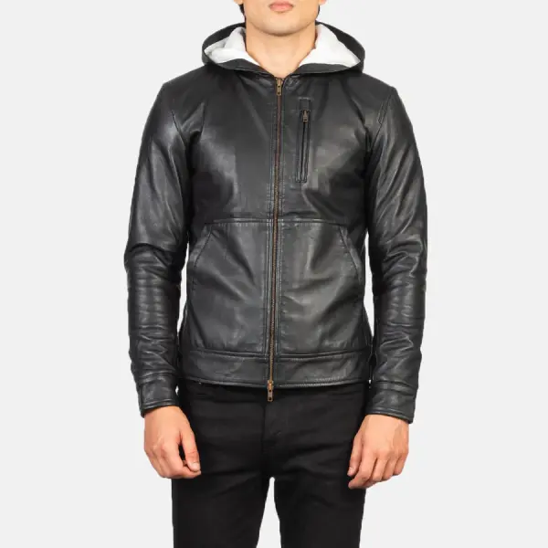 Baston Black Hooded Leather Bomber Jacket