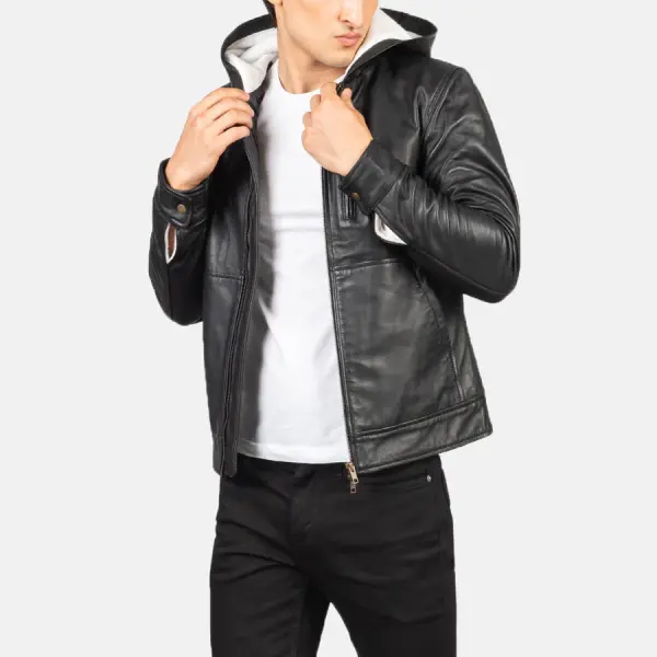 Baston Black Hooded Leather Bomber Jacket