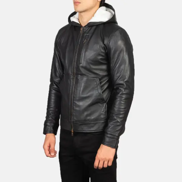 Baston Black Hooded Leather Bomber Jacket