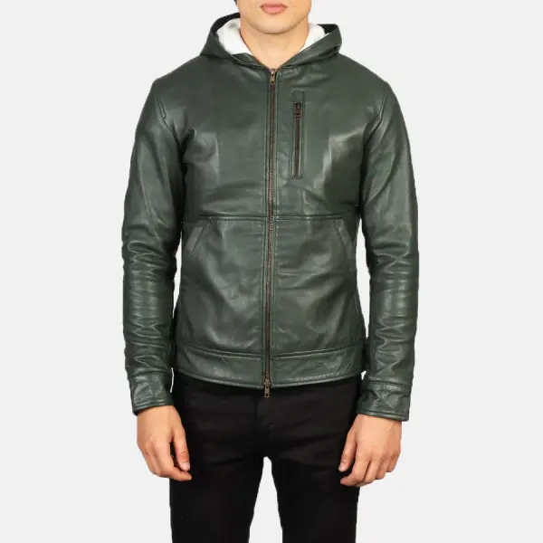 Baston Green Hooded Leather Bomber Jacket