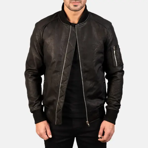 Bomia Ma-1 Distressed Black Leather Bomber Jacket