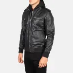 Bravado Black Hooded Leather Bomber Jacket