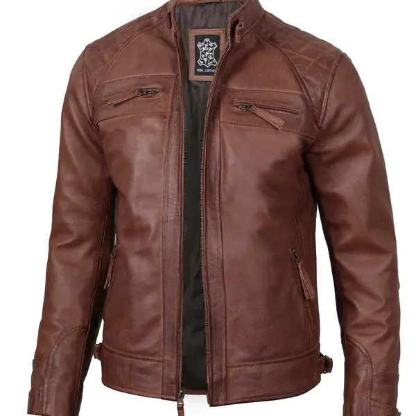 Cognac Brown Quilted Cafe Racer Leather Jacket