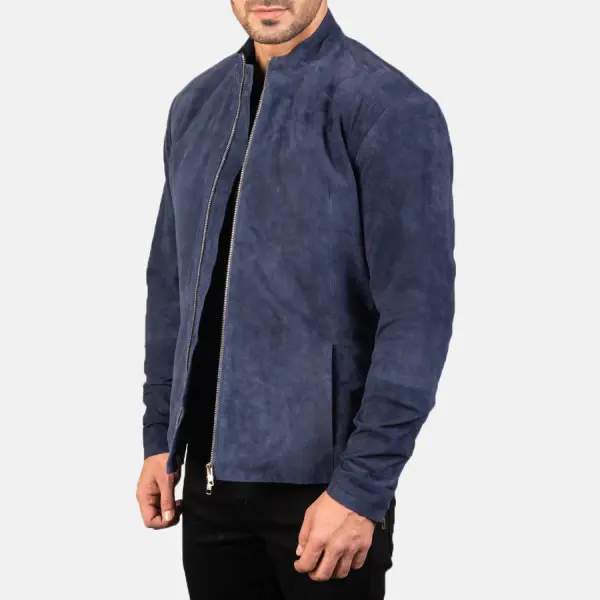 Charcoal Navy Blue Suede Biker Jacket