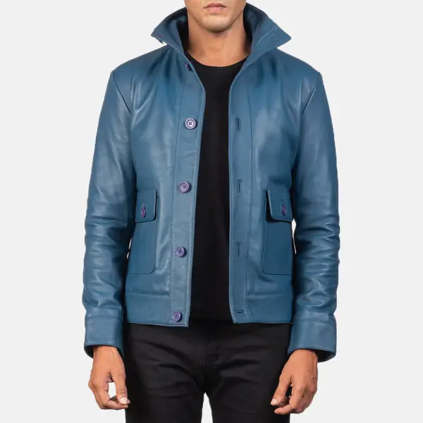 Columbus Blue Leather Bomber Jacket