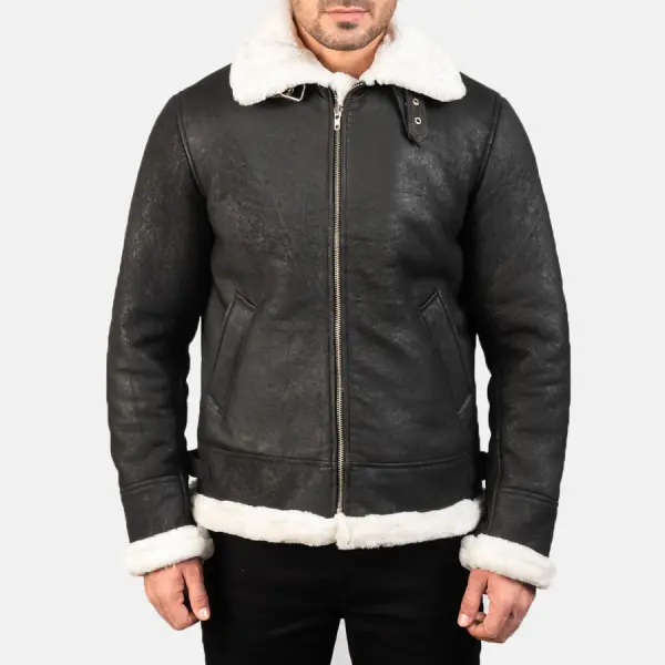 Francis B-3 Distressed Black Leather Bomber Jacket