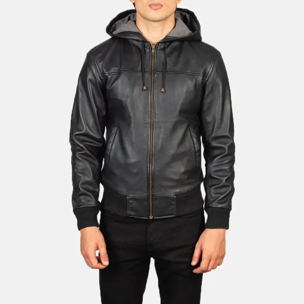 Nintenzo Black Hooded Leather Bomber Jacket