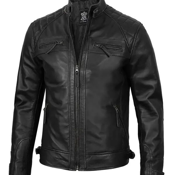 Cognac Black Quilted Cafe Racer Leather Jacket