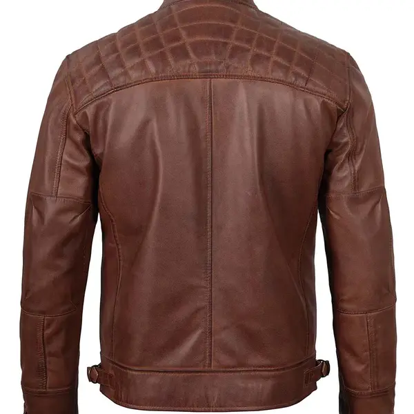 Cognac Brown Quilted Cafe Racer Leather Jacket