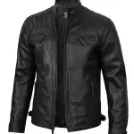 Cognac Black Quilted Cafe Racer Leather Jacket