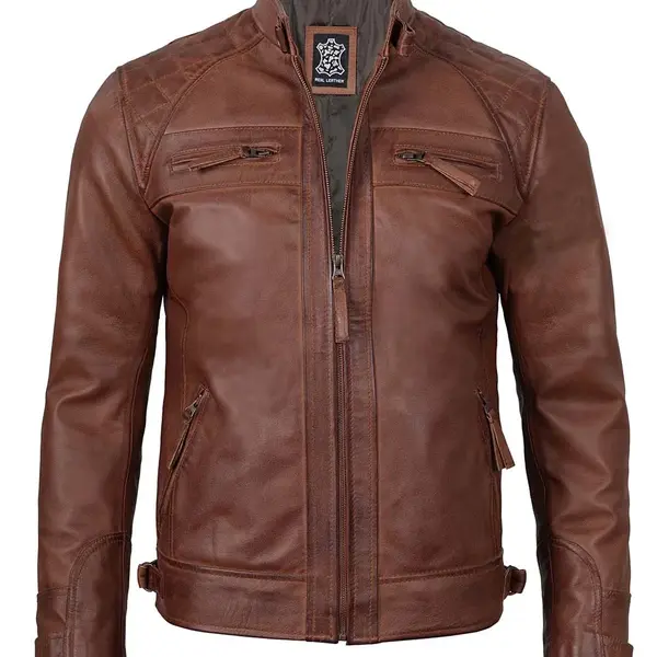 Cognac Brown Quilted Cafe Racer Leather Jacket