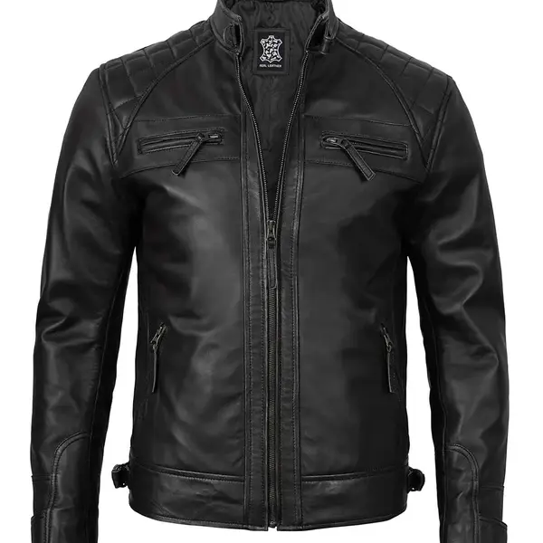 Cognac Black Quilted Cafe Racer Leather Jacket